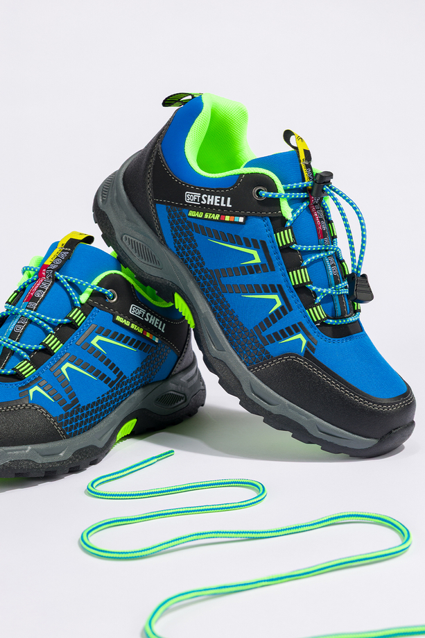 Niebieskie buty trekkingowe damskie buty sportowe na bieżnikowanej podeszwie z regulowaną elastyczną sznurówką seledynowe wstawki softshell Casu 2213-6W