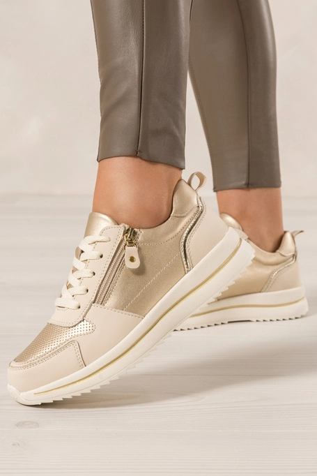 Beżowe sneakersy skórzane damskie Sergio Leone ze złotymi dodatkami ażurowe na platformie sznurowane SP-116-CA