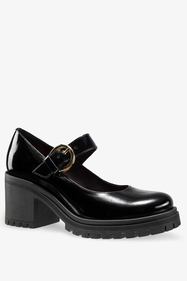 Czarne półbuty skórzane damskie lakierowane Mary Jane na szerokim klocku bieżnikowana platforma pasek ze złotą klamrą PRODUKT POLSKI Casu 79833