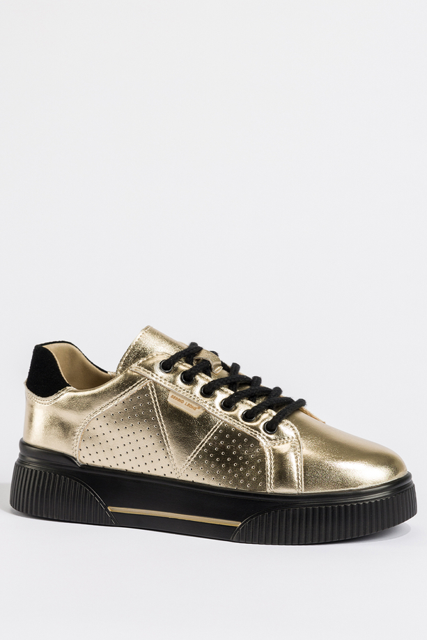 Złote sneakersy skórzane damskie Sergio Leone z perforacją na czarnej platformie sznurowane SP-103-CA
