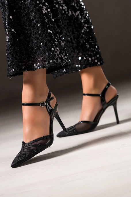 Czarne czółenka damskie szpilki z siateczką ozdobione cyrkoniami odkryta pięta Carla N876