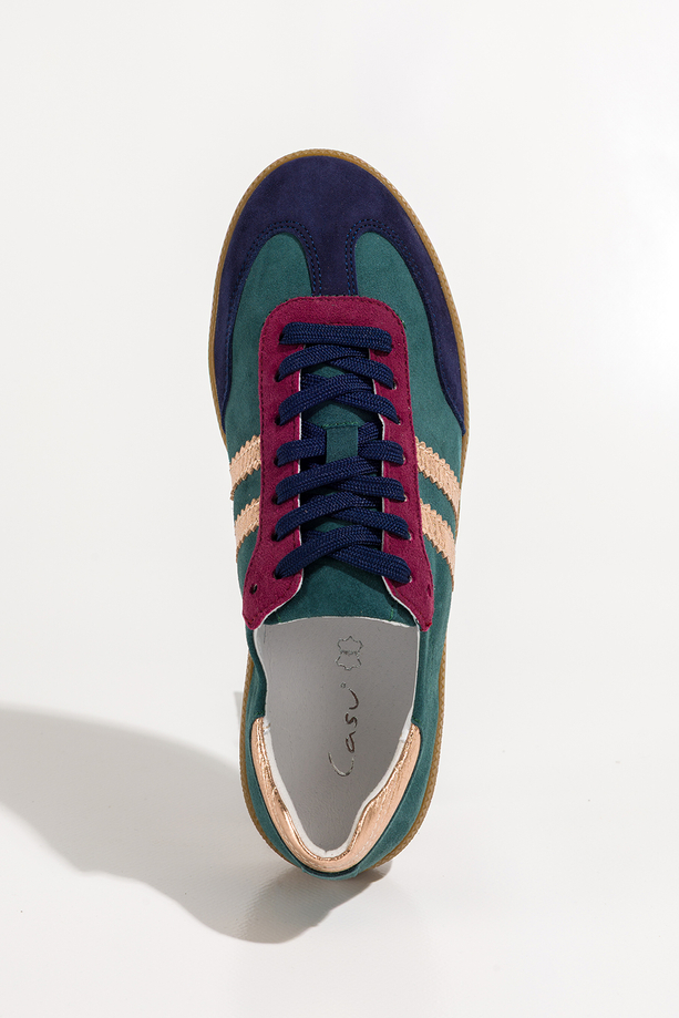 Zielone sneakersy skórzane damskie buty sportowe z bordowymi i złotymi wstawkami sznurowane PRODUKT POLSKI Casu N1068