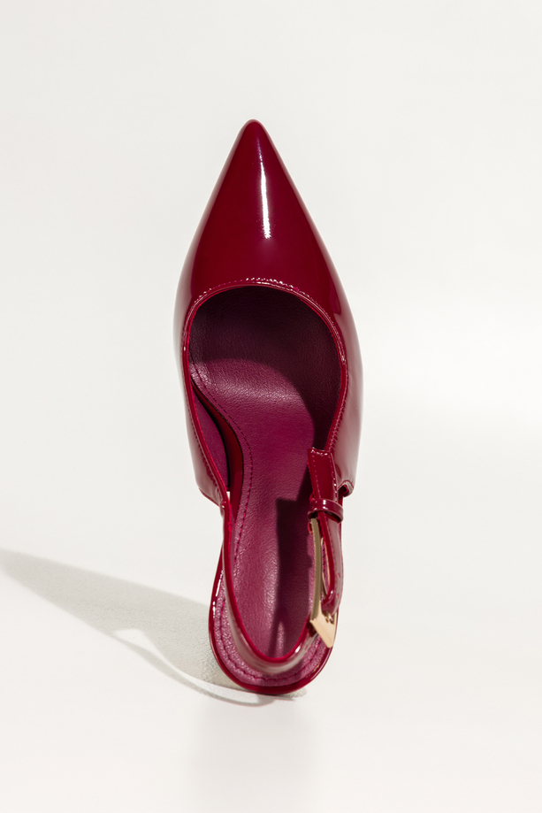 Bordowe czółenka damskie szpilki lakierowane odkryta pięta złoty obcas kieliszek Carla OV883K