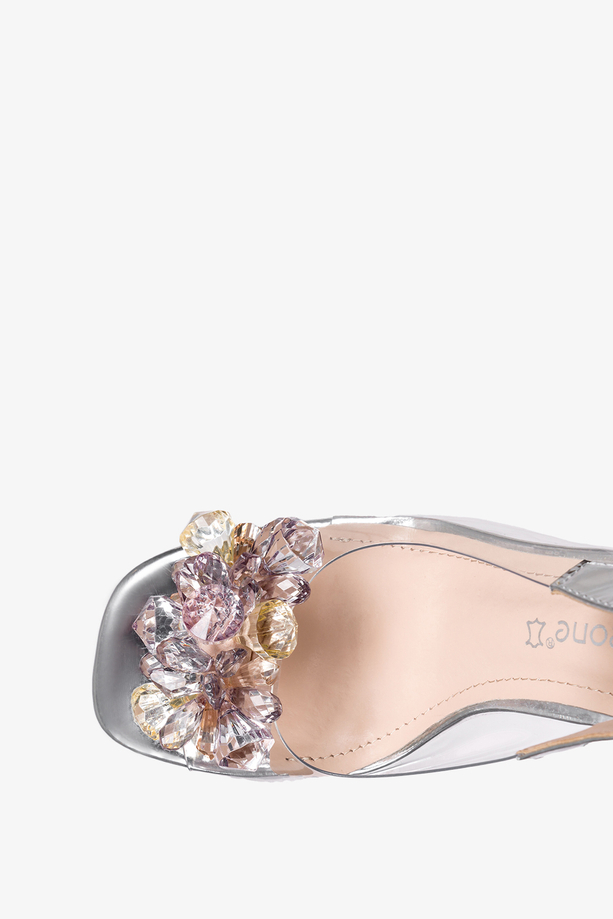 Srebrne sandały Sergio Leone z kryształkami transparentny obcas kieliszek przezroczyste silikonowe SK045