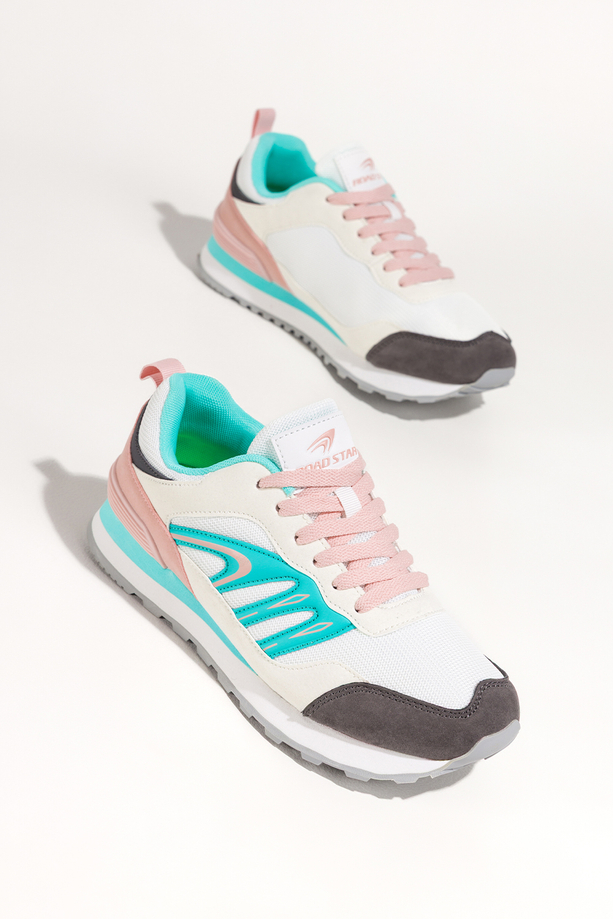 Białe sneakersy damskie buty sportowe na żłobionej podeszwie sznurowane niebieskie wstawki Casu 7398-89D