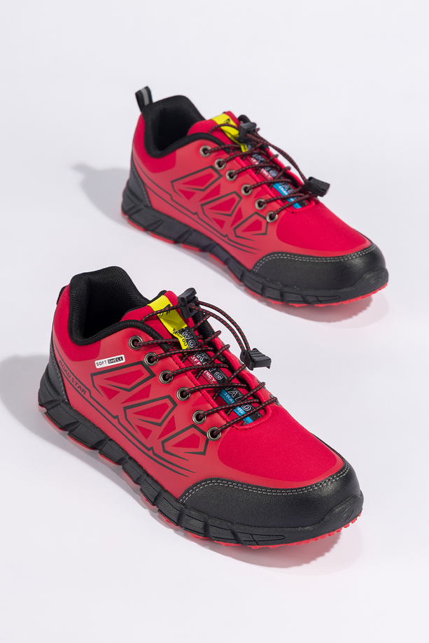 Czerwone buty trekkingowe damskie buty sportowe na bieżnikowanej podeszwie z regulowaną elastyczną sznurówką czarne wstawki softshell Casu 2309-3W