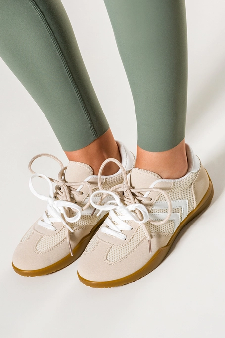 Beżowe sneakersy damskie buty sportowe na płaskiej elastycznej podeszwie podwójne sznurówki Casu C2050-3