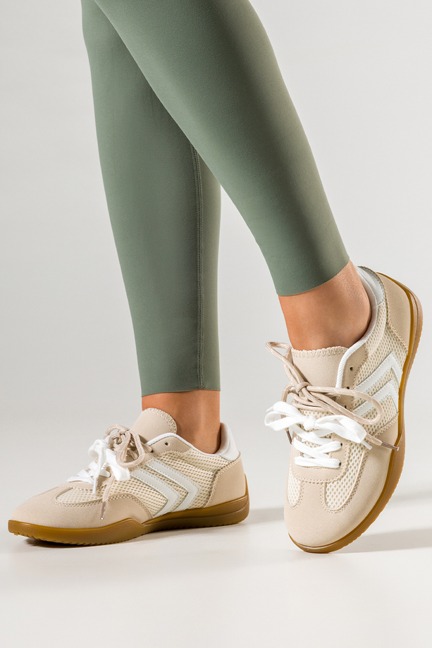 Beżowe sneakersy damskie buty sportowe na płaskiej elastycznej podeszwie podwójne sznurówki Casu C2050-3