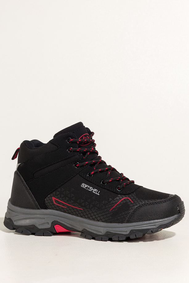 Czarne buty trekkingowe damskie z czerwonymi dodatkami sznurowane softshell Casu Y7997-6