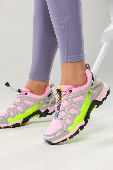 Różowe buty sportowe trekkingowe damskie na bieżnikowanej podeszwie z regulowaną elastyczną sznurówką szare wstawki Casu 2101-13W