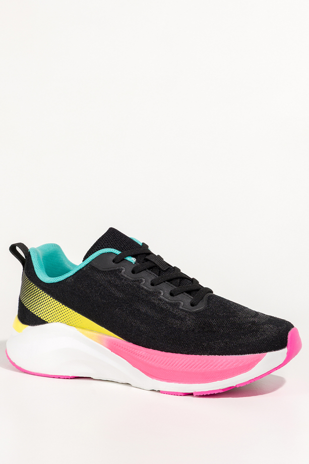 Czarne sneakersy damskie buty sportowe do biegania biała platforma turkusowe i różowe wstawki sznurowane Casu 9032-1
