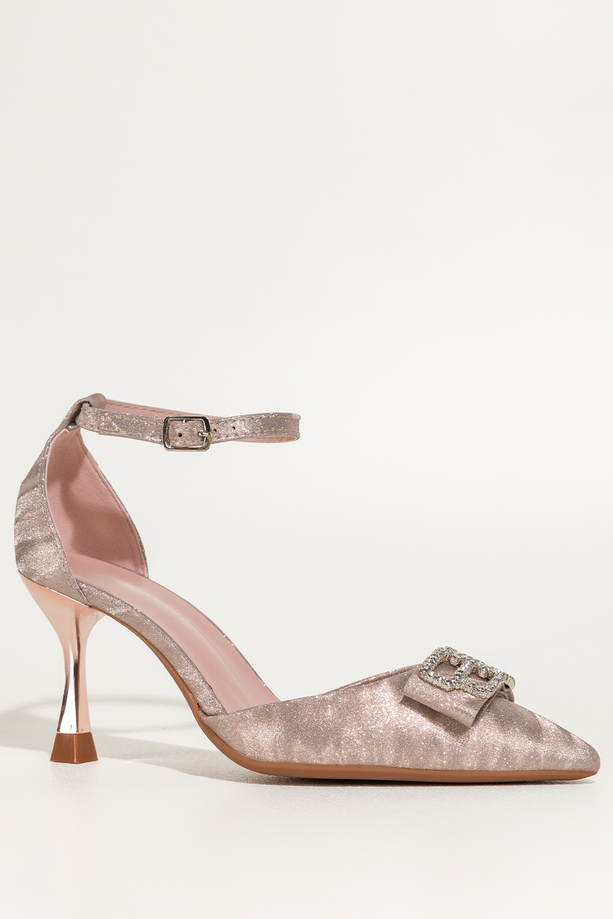 Szampańskie czółenka damskie szpilki brokatowe kokarda z cyrkoniami pasek wokół kostki obcas kieliszek Carla O1431Y