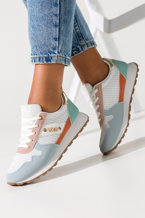 Wielokolorowe sneakersy damskie na białej platformie ze żłobieniami cholewka z siateczką kolorowe wstawki ozdoba z cyrkoniami sznurowane Casu LA308P