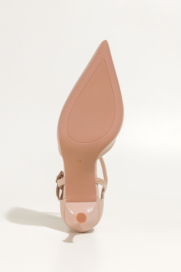 Beżowe czółenka damskie szpilki lakierowane z paskiem wycięcia na cholewce Carla OV849