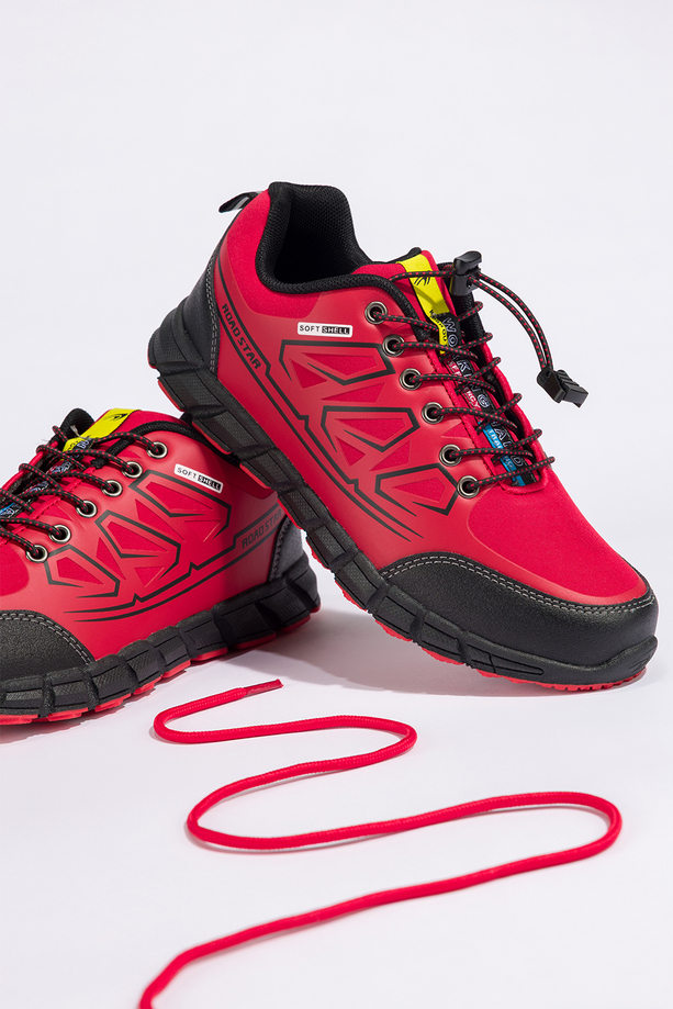 Czerwone buty trekkingowe damskie buty sportowe na bieżnikowanej podeszwie z regulowaną elastyczną sznurówką czarne wstawki softshell Casu 2309-3W