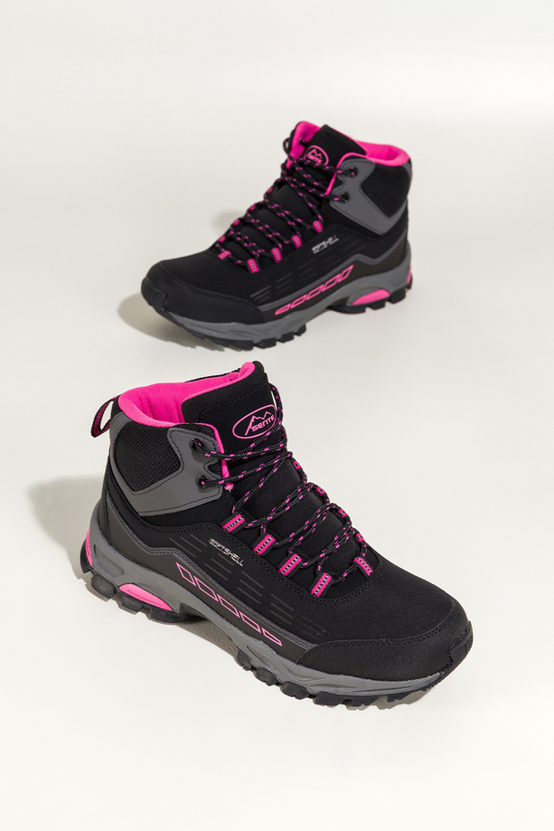 Czarne buty trekkingowe damskie z fuksjowymi dodatkami sznurowane softshell Casu Y7994-2
