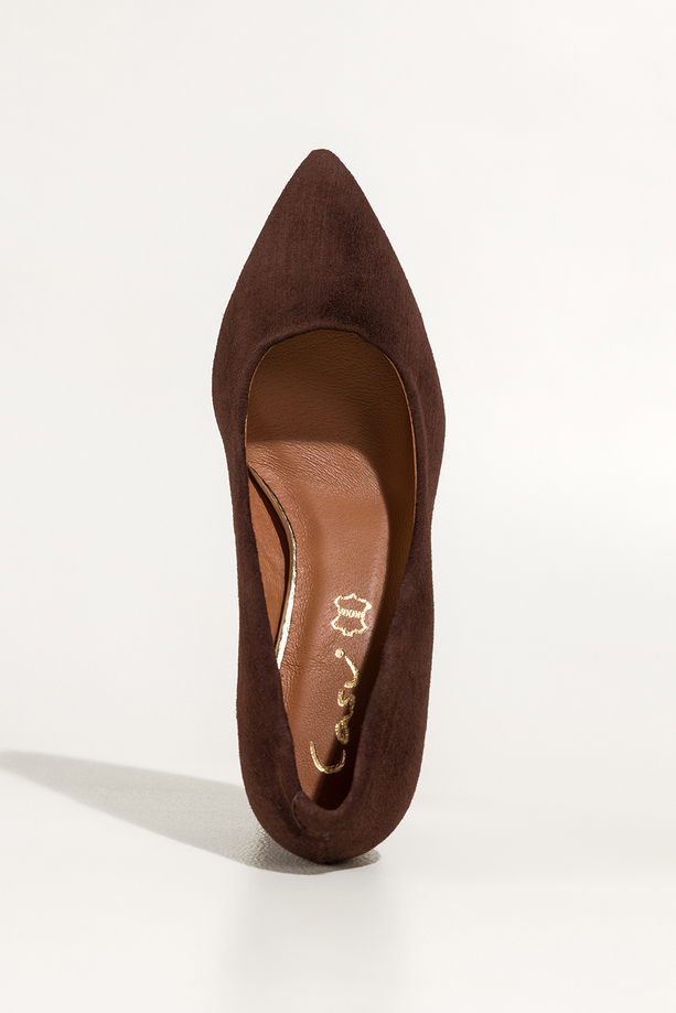 Czekoladowe czółenka skórzane damskie na szerokim słupku PRODUKT POLSKI Casu 7198