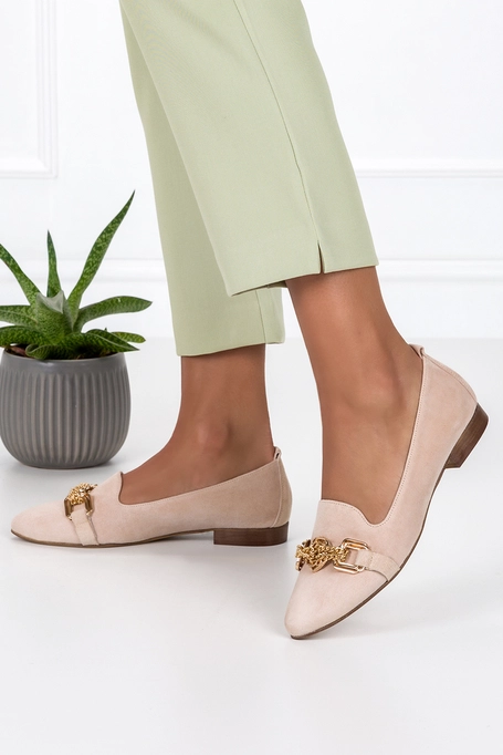 Beżowe lordsy skórzane ze złotą ozdobą PRODUKT POLSKI Casu 3038