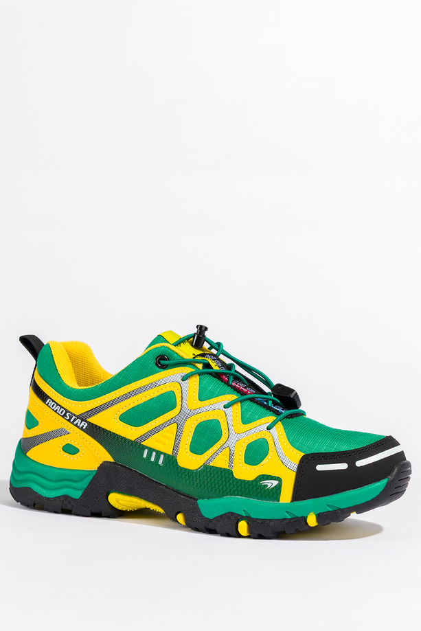 Zielone buty sportowe trekkingowe damskie na bieżnikowanej podeszwie z regulowaną elastyczną sznurówką żółte wstawki Casu 2101-4W
