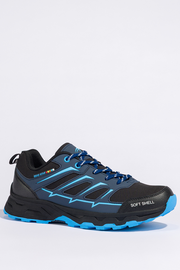Czarne buty trekkingowe damskie buty sportowe na bieżnikowanej podeszwie sznurowane niebieskie wstawki softshell Casu 2408-2W