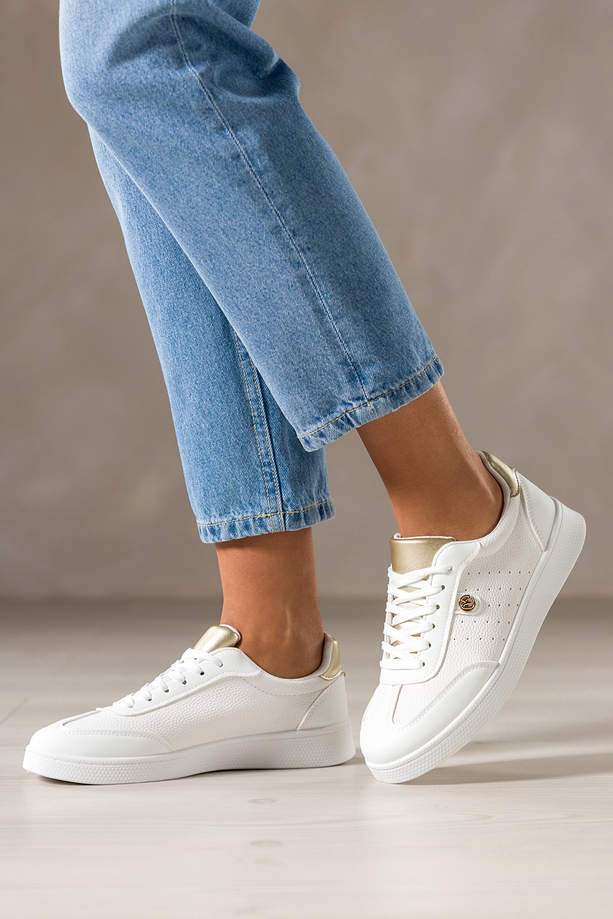 Białe sneakersy damskie buty sportowe z ozdobą złote wstawki sznurowane Casu DXU-39