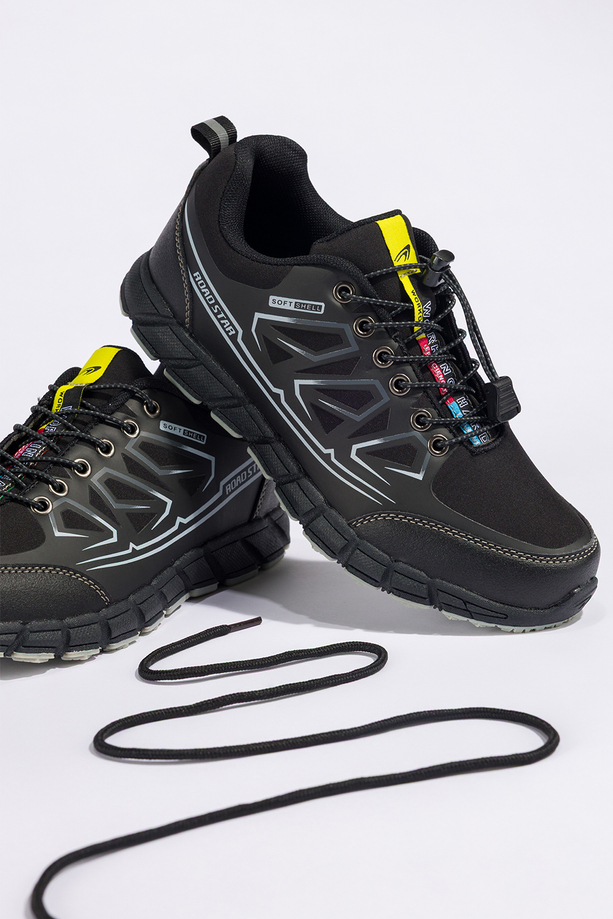 Czarne buty trekkingowe damskie buty sportowe na bieżnikowanej podeszwie z regulowaną elastyczną sznurówką szare wstawki softshell Casu 2309-1W