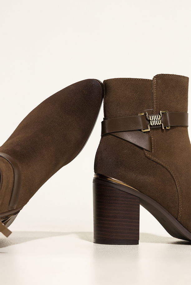 Brązowe botki skórzane damskie Sergio Leone na słupku pasek ze złotą ozdobą YG74615-H