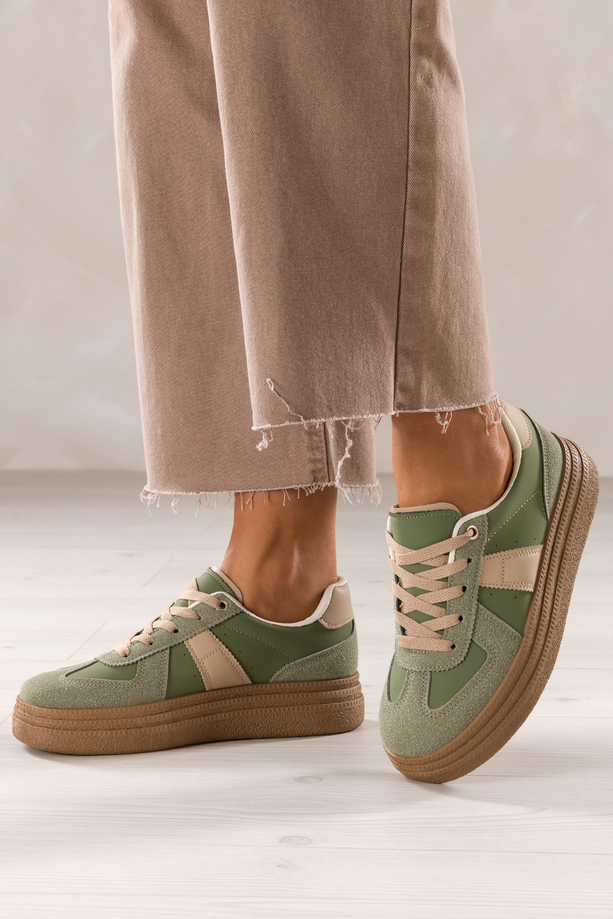 Zielone sneakersy damskie buty sportowe na beżowej platformie beżowe wstawki sznurowane Carla YO464