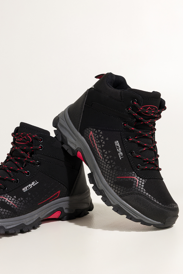 Czarne buty trekkingowe damskie z czerwonymi dodatkami sznurowane softshell Casu Y7997-6