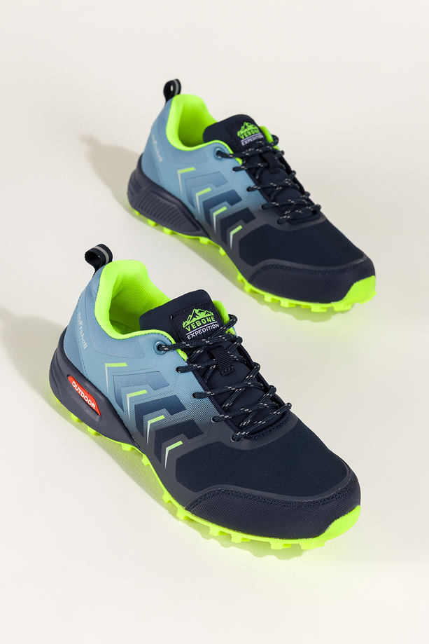Granatowe buty trekkingowe damskie buty sportowe softshell na bieżnikowanej podeszwie seledynowe i niebieskie wstawki sznurowane Carla EY82976-89