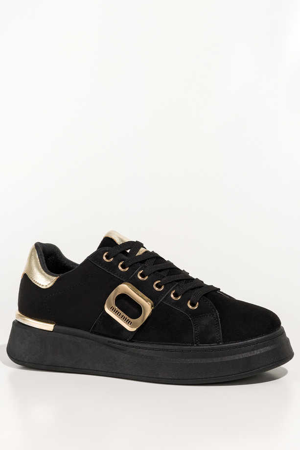 Czarne sneakersy damskie buty sportowe na platformie ze złotą ozdobą sznurowane Carla TY983