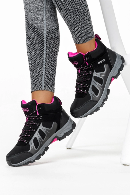 Czarne buty trekkingowe damskie sznurowane z różowymi wstawkami softshell Casu B2108-5