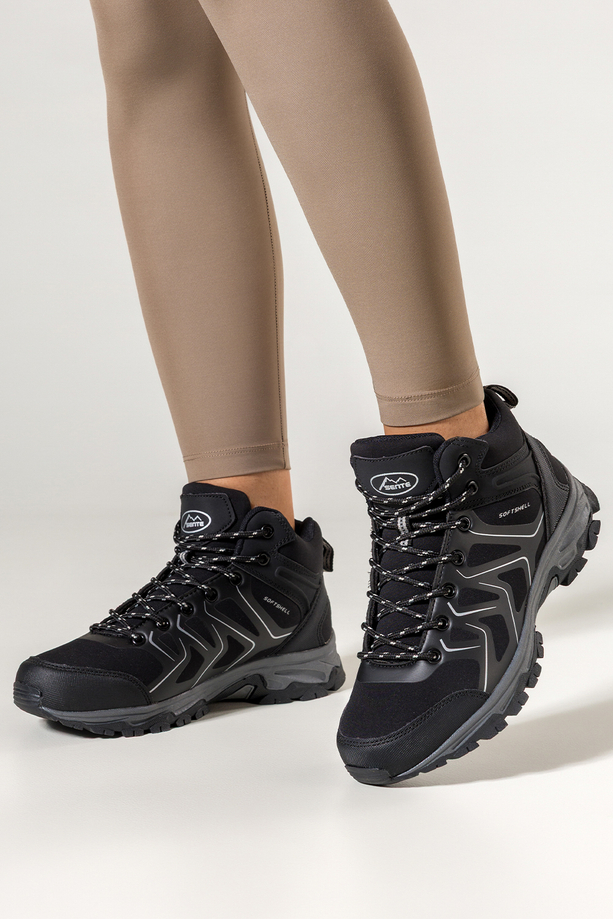 Czarne buty trekkingowe damskie z szarymi dodatkami sznurowane softshell Casu B2115-1