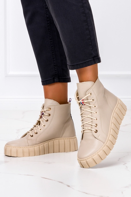Beżowe trampki wysokie creepersy sznurowane POLSKA SKÓRA Casu 470