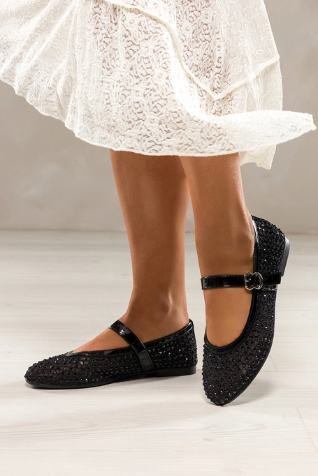 Czarne baleriny damskie Mary Jane z siateczki pasek na cholewce czarne kryształki Carla JH387P