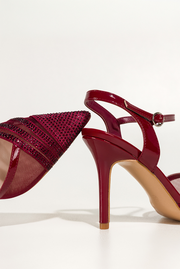Bordowe czółenka damskie szpilki z siateczką ozdobione cyrkoniami odkryta pięta Carla N876
