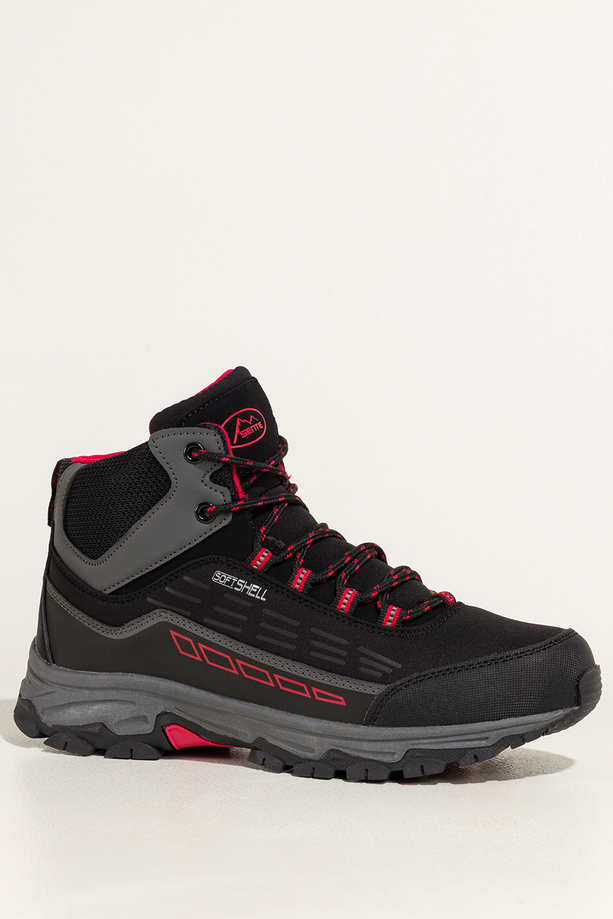 Czarne buty trekkingowe damskie z czerwonymi dodatkami sznurowane softshell Casu Y7994-6