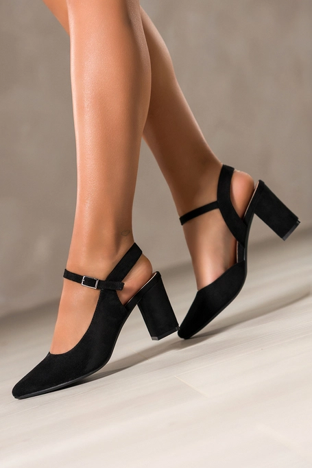 Czarne czółenka Sergio Leone na słupku z odkrytą piętą skórzana wkładka HP553