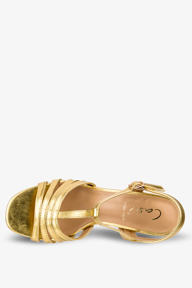 Złote sandały błyszczące t-bar na słupku Casu ER22X22-G