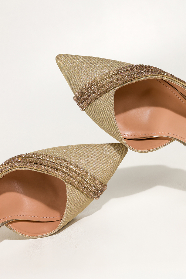 Złote czółenka damskie szpilki brokatowe z cyrkoniami obcas kieliszek odkryta pięta Carla UB64-1