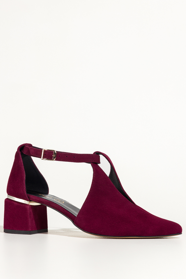 Bordowe czółenka skórzane damskie na ozdobnym klocku pasek wokół kostki PRODUKT POLSKI Casu 7690-656