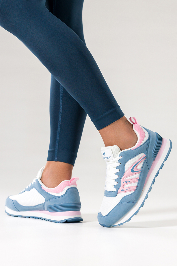 Niebieskie sneakersy damskie buty sportowe na żłobionej podeszwie sznurowane białe i różowe wstawki Casu 7398-88D
