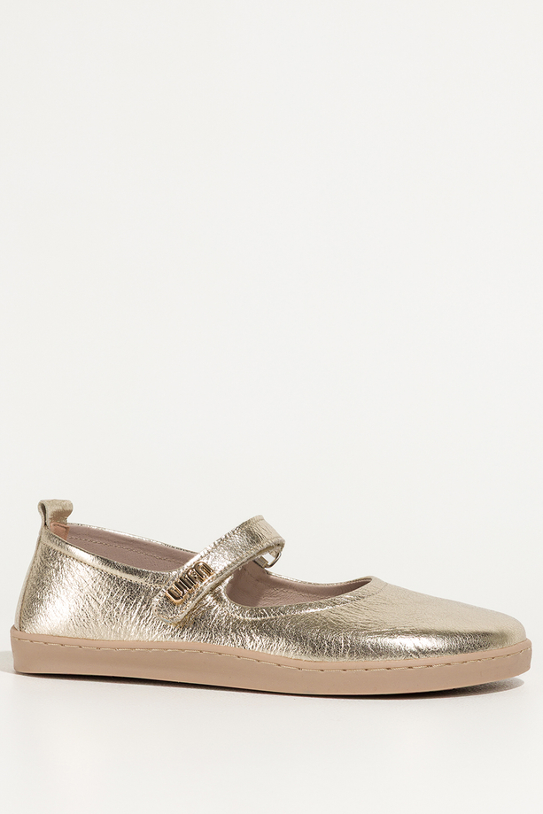 Złote baleriny barefoot skórzane damskie błyszczące szerokie na elastycznej podeszwie pasek na rzep ze złotą ozdobą PRODUKT POLSKI Casu 89793