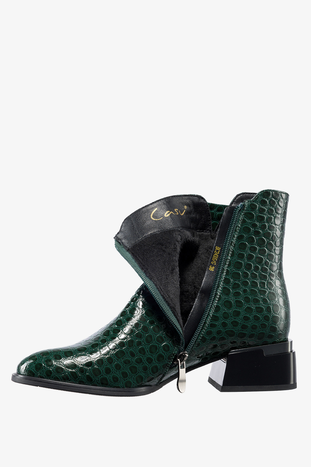 Zielone botki lakierowane damskie na ozdobnym klocku krokodyli wzór Casu BC24X6-G