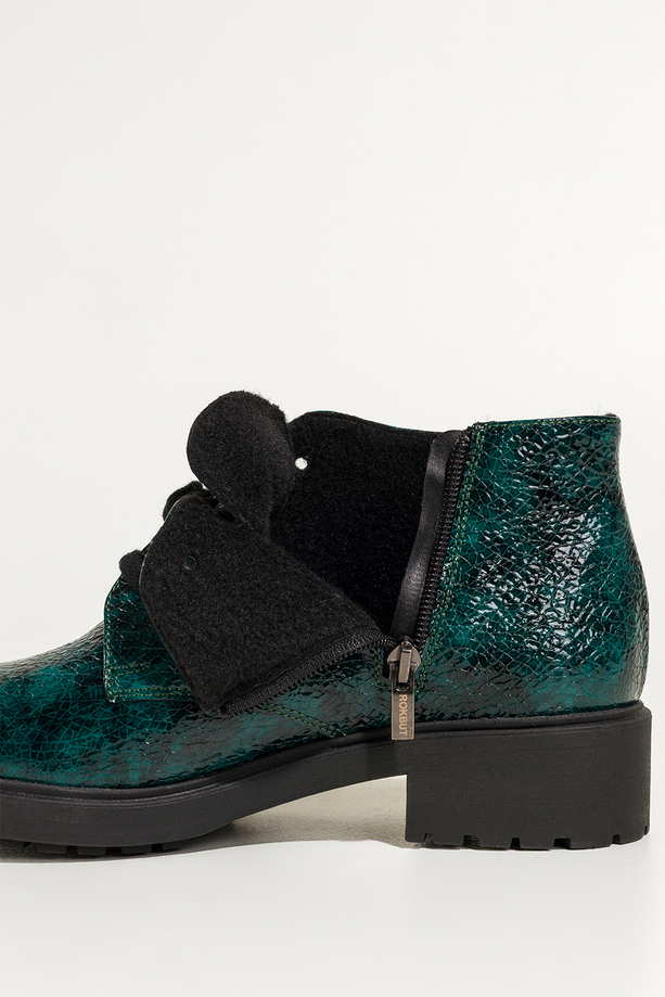Zielone botki skórzane damskie lakierowane wzór wężowy sznurowane PRODUKT POLSKI Casu 444