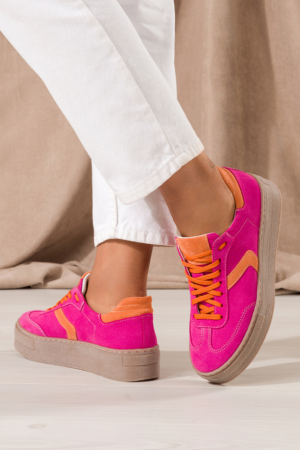 Fuksjowe sneakersy skórzane na platformie damskie buty sportowe pomarańczowe wstawki sznurowane PRODUKT POLSKI Casu N1091S2
