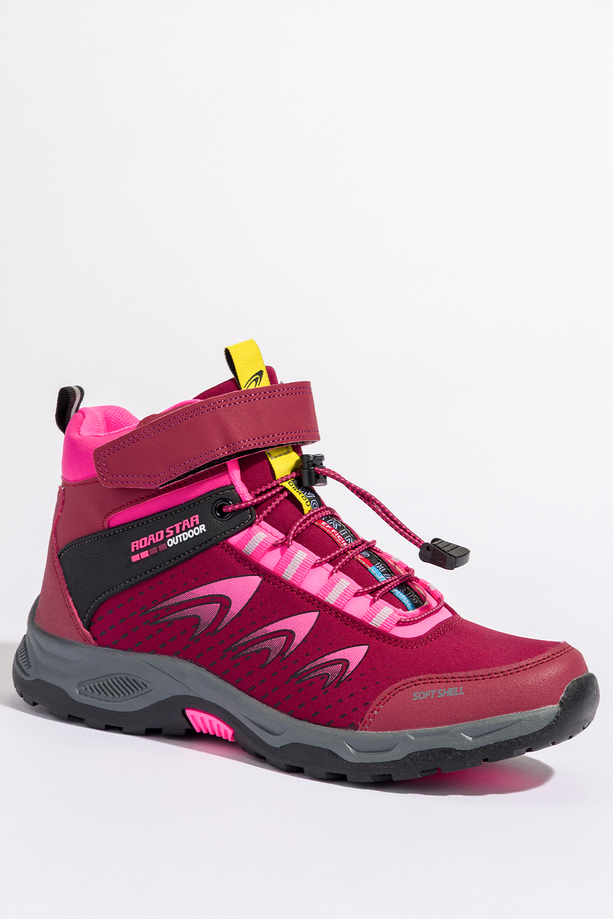 Bordowe buty trekkingowe damskie na bieżnikowanej podeszwie z regulowaną elastyczną sznurówką softshell Casu 2310-13W