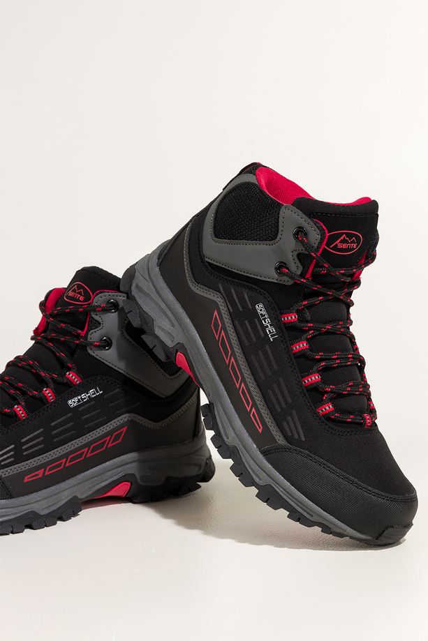 Czarne buty trekkingowe damskie z czerwonymi dodatkami sznurowane softshell Casu Y7994-6