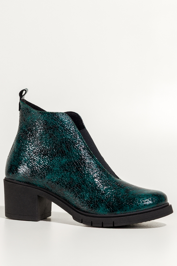 Zielone botki skórzane damskie lakierowane z wzorem wężowym obcas klocek szeroka elastyczna guma na przodzie PRODUKT POLSKI Casu 376