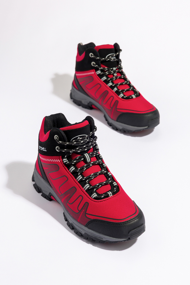 Czerwone buty trekkingowe damskie z czarnymi dodatkami sznurowane softshell Casu B2112-4